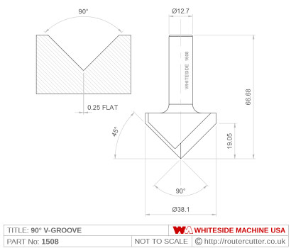 2 Flute 90 degree Whiteside 1508 V-groove router bit for v-grooving timber, plastics and composites. V-groove bits are extensively used in CNC carving, engraving and veining operations. The 1508 v-point length is 3/4