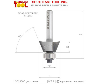 2 Flute ball bearing guided Southeast Tool SE2300B 22 degree edge bevel router bit for veneer and laminate trimming operations. Suitable for palm routers and trimming routers. Create 68 degree timber edge chamfers.