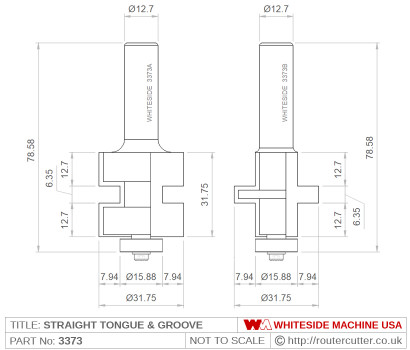 Whiteside 3373 straight t and g router bit set for traditional joinery and carpentry tongue and groove joints. Tongue and groove joints increase glue joint area providing stable timber joining. Popular with T and G flooring, cladding, cupboards, etc.
