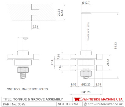 Ball bearing guided Whiteside 3375 Tongue and Groove Assembly Glue Joint Router Bit. Whiteside 3375 T and G assembly makes both cuts. Tongue thickness is 7.14mm (9/16