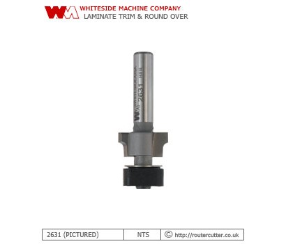 2 Flute tungsten carbide tipped Whiteside 2631 laminate trimming router bit for simultaneous flush trim and roundover. The 2631 produces a 1.59mm (1/16