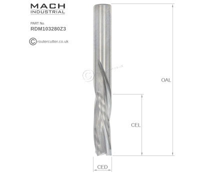 10mm Shank Mach Industrial MI-RDM103280Z3 Solid Tungsten Carbide 3 Flute Down Cut Spiral Router Bit, 32mm cutting edge length CEL, 10mm cutting edge diameter CED. High grade premium tungsten carbide for demanding CNC and manual feed operations.