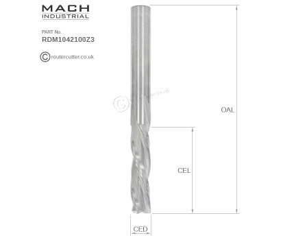 10mm shank, Mach Industrial MI-RDM1042100Z3 Solid Tungsten Carbide 3 Flute Down Cut Spiral Router Bit with 10mm cutting edge diameter CED and 42mm cutting edge length CEL. Machined from high grade premium tungsten carbide for CNC and manual feed.