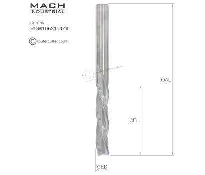 Metric 10mm shank, Mach Industrial MI-RDM1052110Z3 Solid Tungsten Carbide 3 Flute Down Cut Spiral Router Bit with 10mm diameter cutting edge diameter CED and 52mm cutting edge length CEL. Machined from high grade premium tungsten carbide for CNC.