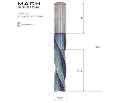 16mm Nano coated Mach Industrial MI-RDM1652110Z3HPBX tungsten carbide down cut 3 flute spiral router bit for industrial grade CNC cutting and nesting. Nano coating and harder long life industrial grade tungsten carbide for highly abrasive materials.