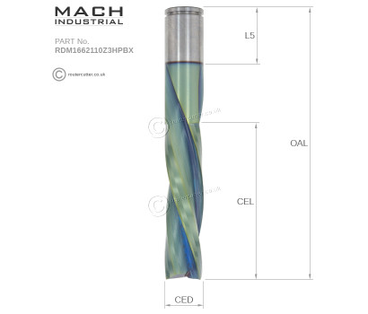 16mm Nano coated Mach Industrial RDM1662110Z3HPBX tungsten carbide down cut 3 flute spiral router bit. Harder grade long life tungsten carbide for abrasive materials. CNC nesting operations high production enviroments. 3 Flute for faster feed rates.
