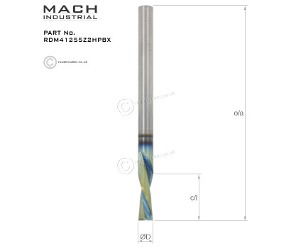 4mm Shank Mach Industrial MI-RDM41255Z2HPBX Coated Tungsten Carbide 2 Flute Down Cut Spiral Router Bit. Nano coating and harder carbide for longer cutting life. For demanding CNC nesting, pocketing, contouring, dado and slotting.