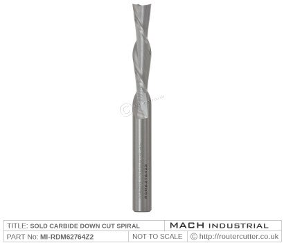 Mach Industrial MI-RDM62764Z2 Solid Carbide Down Cut 2 Flute Spiral Router Bit for wood materials like MDF, Plywood, MFC, hardwoods and softwoods.