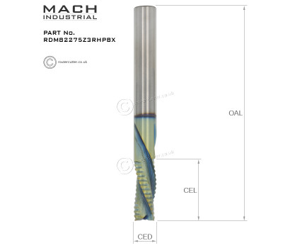 8mm Shank Mach Industrial MI-RDM82275Z3RHPBX nano coated tungsten carbide down cut 3 flute spiral router bit for CNC nesting with faster feedrates. 8mm Cutting edge diameter CED. 22mm Cutting edge length CEL. Nanocomposite coating and harder carbide.