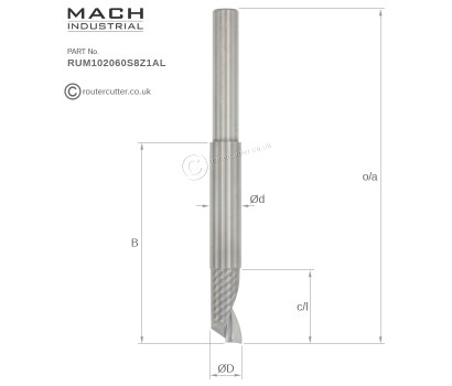 8mm Shank Mach Industrial MI-RUM102060S8Z1AL tungsten carbide 1 flute o-flute up cut spiral for Aluminium and PVC window extrusions. 10mm cutting edge diameter CED. 20mm Cutting edge length CEL. Long neck spiral router bits for milling and boring.