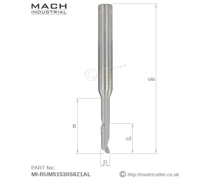 Mach Industrial MI-RUM51530S8Z1AL long neck (long reach) up cut spiral with 1 flute O-flute for Aluminium extrusion milling and drilling. Polished inner flute for optimum swarf ejection. Popular with Aluminium window frame manufacture.