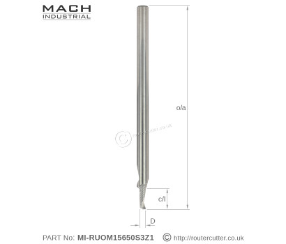 3mm Shank Mach Industrial MI-RUOM15650S3Z1 Solid Carbide 1 Flute O Flute Router Bit for Plastic. Cutting edge diameter of 1.5mm and polished inner flute for faster chip ejection. Router bits for acrylics, polycarb, ABS, Acetal, Delrin, HDPE, etc.
