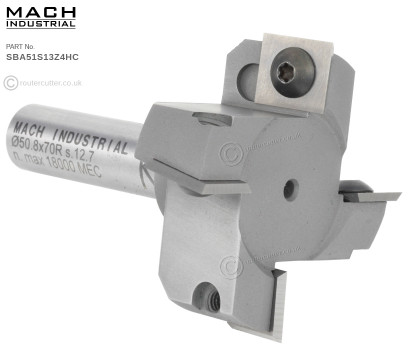 12.7mm Shank Mach Industrial MI-SBA51S13Z4HC Spoilboard Surfacing Planing 4 Flute Indexable Carbide Insert Router Bit features up shear and down shear. Cutting edge diameter CED of 50.8mm or 2 inches. MDF spoilboard planing and surfacing.