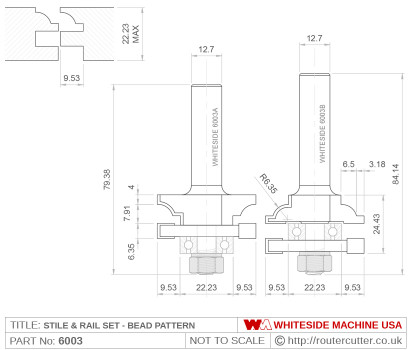 Whiteside 6003 Stile & Rail Bead Pattern Router Bit Set