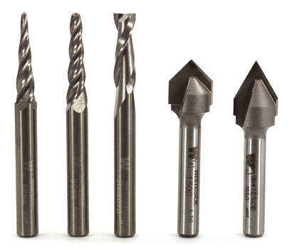 5 Piece CNC starter set Whiteside 705 with SC64, SC66, RU2075, 1502 and 1550. A CNC router bit set for 2D and 3D carving. Set 705 includes ball conical spirals, up cut end mill, 90 degree v-groove and 60 degree v-groove router bits.