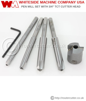 Whiteside 9105 Pen Mill Set includes 4 pen reamers and the tungsten carbide tipped 2 flute 3/4" barrel trimmer. The pen reamers include 7mm kit pen reamer, letter "O" kit pen reamer, 10mm kit pen reamer and the 27/64" kit pen reamer made of M2 HSS.