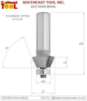 2 Flute tungsten carbide tipped Southeast Tool 22.5 degree edge bevel router bit with ball bearing guide.