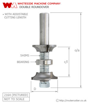 Whiteside double roundover and beading router bits for simultaneous top and bottom edge roundover profiling. Ideal for kitchen and bathroom worktops. The double roundover can cut roundover and beading profiles by changing out ball bearings.