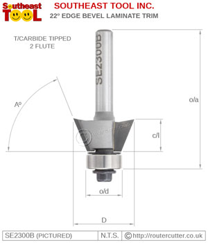 1/4" shank tungsten carbide tipped Southeast Tool SE2300B 22 degree edge bevel router bit for laminate and veneer trimming and timber edging operations. SE2300B is 2 flute and bearing guided, suitable for palm routers and trimming routers.