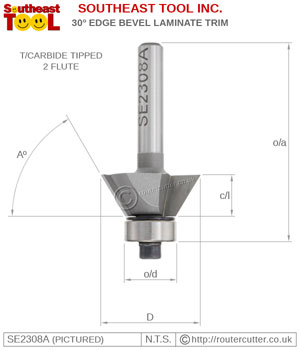 Ball bearing guided Southeast Tool SE2308A edge bevel router bit for 30 degree veneer and laminated trimming. SE2308A for 60 degree timber edge chamfers. 1/4