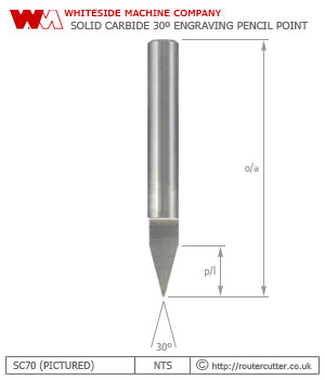 Whiteside Machine Company SC70 solid carbide 30 degree engraving pencil point router bit