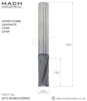 Mach Industrial DFZ tungsten carbide diamond burr straight cut router bits with helix flute design. The fine diamond grind for roughing cuts in CFRP, GFRP, Honeycomb, Graphite and fibre glass. Nano grain tungsten carbide with 4500Hv Nano coating.