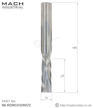 10mm CED Mach Industrial MI-RUM103280Z2 solid carbide down cut 2 flute spiral router bit. Down cut spiral router bits machined from premium grade micro grain tungsten carbide. Down cut spirals for down shear, chip ejection away from router spindle.