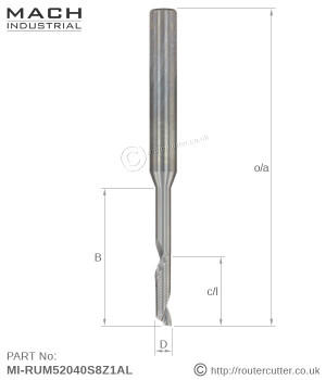 Mach Industrial MI-RUM52040S8Z1AL long neck (long reach) up cut spiral with 1 flute O flute for Aluminium extrusion milling and drilling. Polished inner flute for optimum swarf ejection. Popular with Aluminium window frame industry.