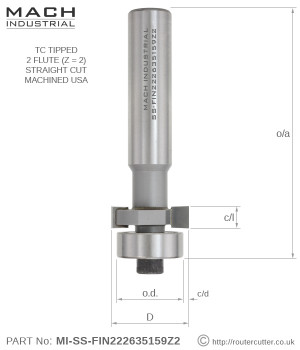1/2" Shank tungsten carbide tipped Mach Industrial MI-SS-FIN222635159Z2 Solid Surface Face Inlay Router Bit. Face inlays cut into solid surface worktops and vanity slabs. Face Inlay bits are ball bearing guided.