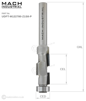 1+1 Compression flush trim router bits with PCD cutting tips for abrasive laminates and chipboards. Mach Industrial UDFT PCD for template and pattern routing where cutting longevity and cutting accuracy is critical. Long life PCD cutting tips.