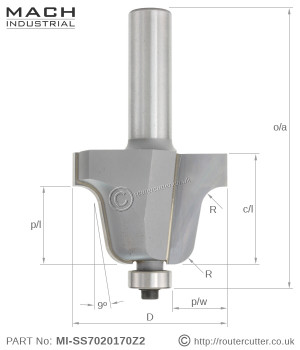 2 Flute tungsten carbide tipped Mach Industrial Roman Ogee router bit for solid surface cutting. Solid surface qualified with highly polished cutting edges. Solid surface counter top and splashback roman ogee edge architectural profiles.