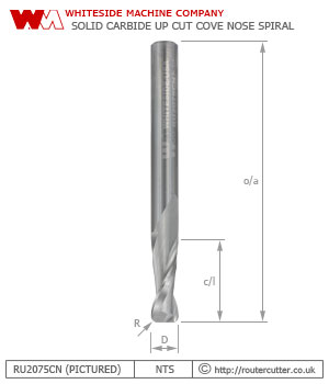 Whiteside solid carbide cove nose up cut spiral router bit with a radius milling end. The cove nose spiral bits can be used for CNC carving and engraving, lettering and 2D 3D modelling. Up cut spiral with torus milling end.