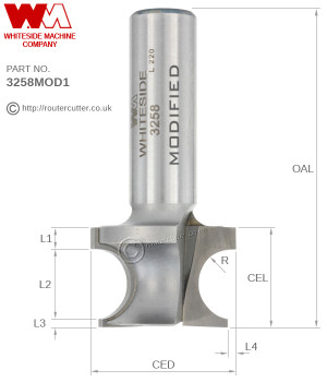 Qualified for CNC and all modification by Whiteside Machine Co. USA. 1/2" Shank Whiteside 3258MOD1 modified edge bead router bit for forming rounded edges in CNC operations. Modification relates to the removal of ball bearing and journal.