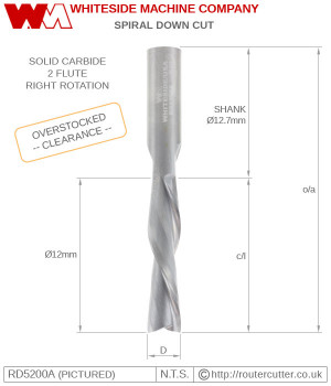 2 Flute solid carbide Whiteside RD5200A down cut spiral with 12.7mm (1/2