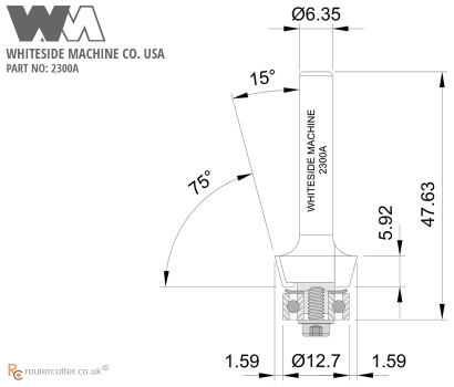 6.35mm Shank Whiteside 2300A Edge Bevel 15 Degree Chamfer Router Bit for precise 15 degree angled cuts with router. Trimming of laminate and veneers. Small diameter trimming router bit for palm routers. Edge bevelling or chamfering router bit.