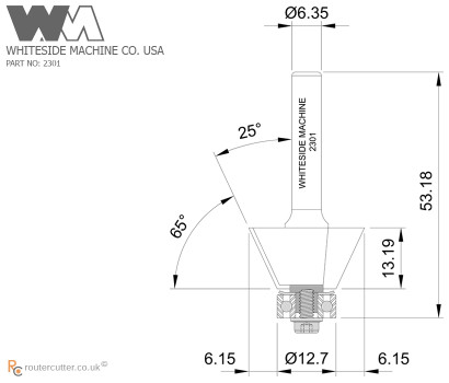 6.35 mm Shank 25 degree edge bevel router bit. Whiteside 2301 Chamfer Router Bit with 25 degree angled cut. Edge trimming and edge forming in hardwoods, softwoods, MDF, Plywood, HDF, laminates, composites and hard plastics. 2 Flute tungsten carbide.