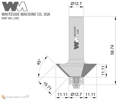 45 Degree chamfer router bit Whiteside 2305 with 1/2” shank. For precise 45 degree edge bevel or angled edge trimming. Perfect mitred joints. Edge forming and edge trimming for hardwoods, softwoods, composite woods, hard plastics, MDF, HDF, plywood.