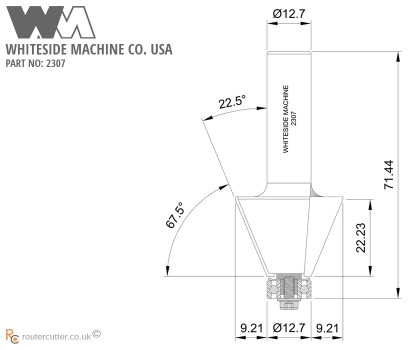 12.7mm Shank chamfer router bit for precise angled edge forming or trimming with router. Whiteside 2307 with 22.5 degree edge bevel for hardwoods, softwoods, MDF, plywood, laminated boards, composite woods, hard plastics. Construct 8 sided boxes.