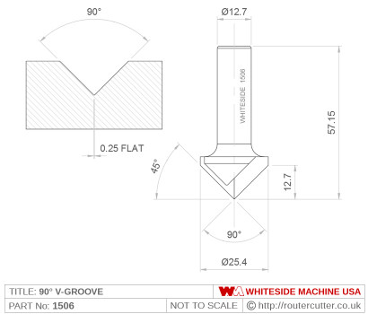 2 Flute Whiteside 1506 v-point router bit for 90 degree v-grooving. The 90 degree v-groove for CNC edge profiling, carving and engraving, hand carving and lettering. V-points are also used for veining.