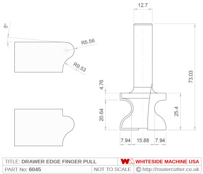 Whiteside 6045 Drawer Edge Finger Pull Router Bit