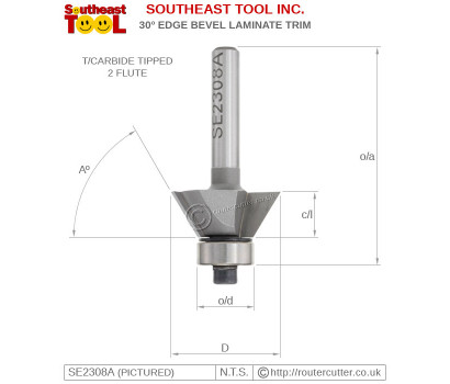2 Flute tungsten carbide tipped Southeast Tool SE2308A 30 degree edge bevel router bit for veneer and laminate trimming. SET SE2308A suitable for palm routers and trimming routers. Chamfer router bit for 60 degree timber edge profiling.