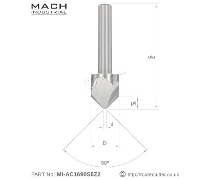 8mm Shank solid tungsten carbide Mach Industrial MI-AC1690S8Z2 for Aluminium composite 90 degree V-groove. 90 Degree Aluminium composite sheets (ACM) like Dibond and Alucobond. 2mm Flat for 90 degree alu composite folding operations.