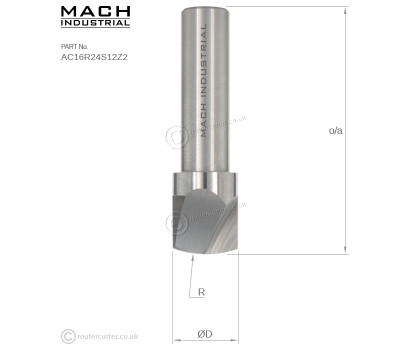 12mm Shank solid tungsten carbide Mach Industrial MI-AC16R24S12Z2 router bit with 24mm radius for larger smooth ACM corner roundovers. Aluminium Composite Panels ACM like Dibond and Alucobond. 2 Flute with up shear for CNC production.