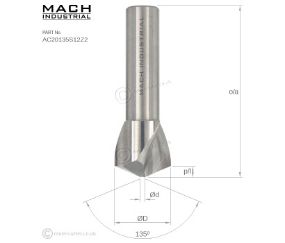 12mm Shank Mach Industrial MI-AC20135S12Z2 spiral up cut 135 degree v-groove router bit for aluminium composite materials like Dibond® and Alucobond®. 135 Degree included angle for ACM corner bending to 45 degrees. ACM panels, signage, LED displays.