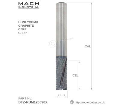 12mm Mach Industrial DFZ-RUM123090X tungsten carbide fine diamond burr router bit with positive helix flutes for chip ejection. Composites CFRP, GFRP, Honeycomb, Graphite and Fibre Glass. Nano grain carbide and 4500Hv nano coating for CNC.