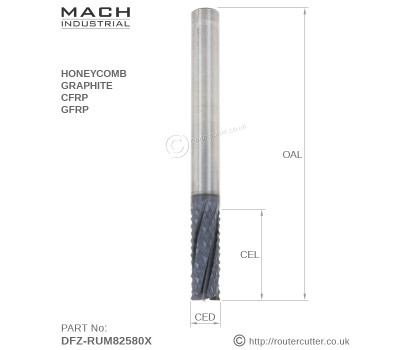 8mm Mach Industrial DFZ-RUM82580X tungsten carbide fine diamond burr for composites like CFRP, GFRP, Honeycomb, Graphite and Fibre Glass. Router bits for aerospace, aviation and marine industries. Positive helix flute for improved chip ejection.