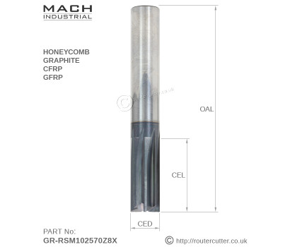 10mm Mach Industrial GR-RSM102570Z8X carbide straight cut router bit for aerospace composites, boat and yacht builders, marine and aviation. Router bits for carbon fibre reinforced polymer CFRP, glass fibre reinforced polymer GFRP, Honey comb and GR.