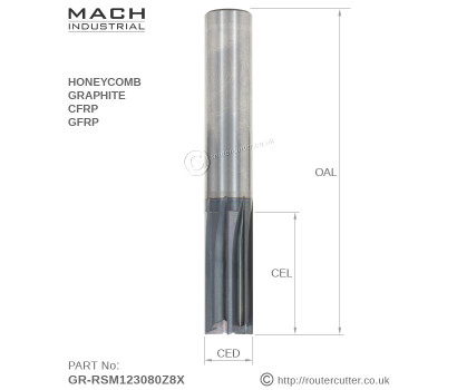 12mm Mach Industrial GR-RSM123080Z8X tungsten carbide straight cut router bit, nano grain tungsten carbide, includes a nano coating. Router bits for CNC applications, cutting Aerospace composites like CFRP, GFRP, Honeycomb and Graphite.
