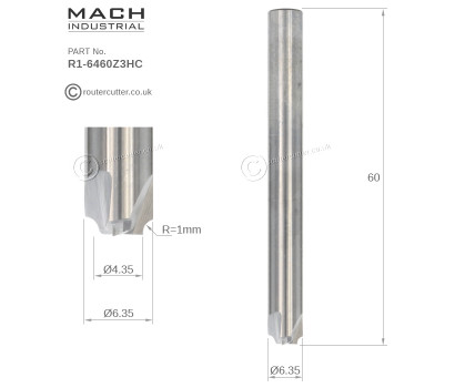 6.35mm Shank Mach Industrial MI-R1-6460Z3HC solid tungsten carbide 3 flute roundover with 1mm radius. R1-6460Z3HC for plunge point round overs. 2D 3D Carving operations in hardwoods, softwoods, man-made boards and plastics.