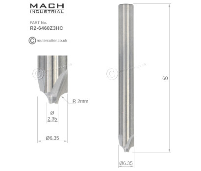 6.35mm Shank Mach Industrial MI-R2-6460Z3HC solid tungsten carbide 3 flute roundover with 2mm radius. Plunge point round over for plunging, slot milling and edge forming in 2D 3D Carving, hardwoods, softwoods, man-made boards and plastic.